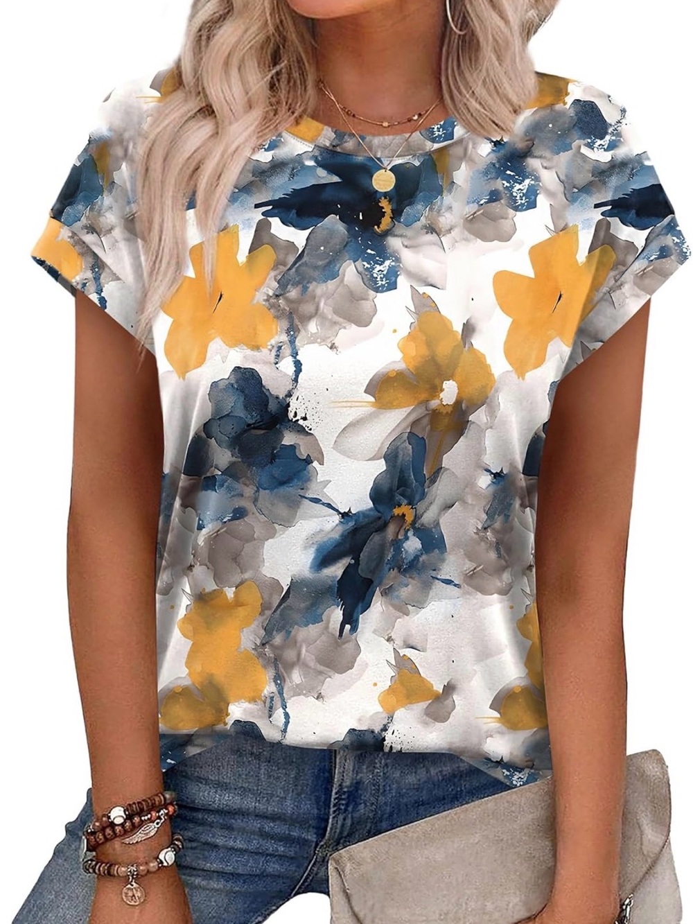 Watercolor Floral Short Sleeve Top - White with Blue & Yellow